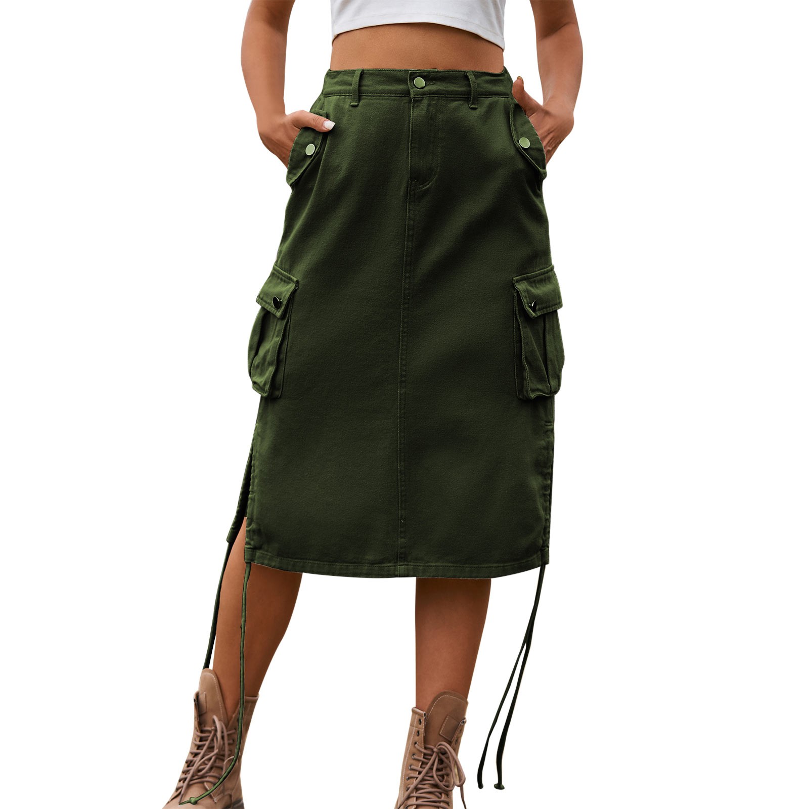 thumbnail image 1 of Falda midi con cordones de denim para mujer: informal, de longitud media, corte A, versátil para primavera/otoño, 1 of 5